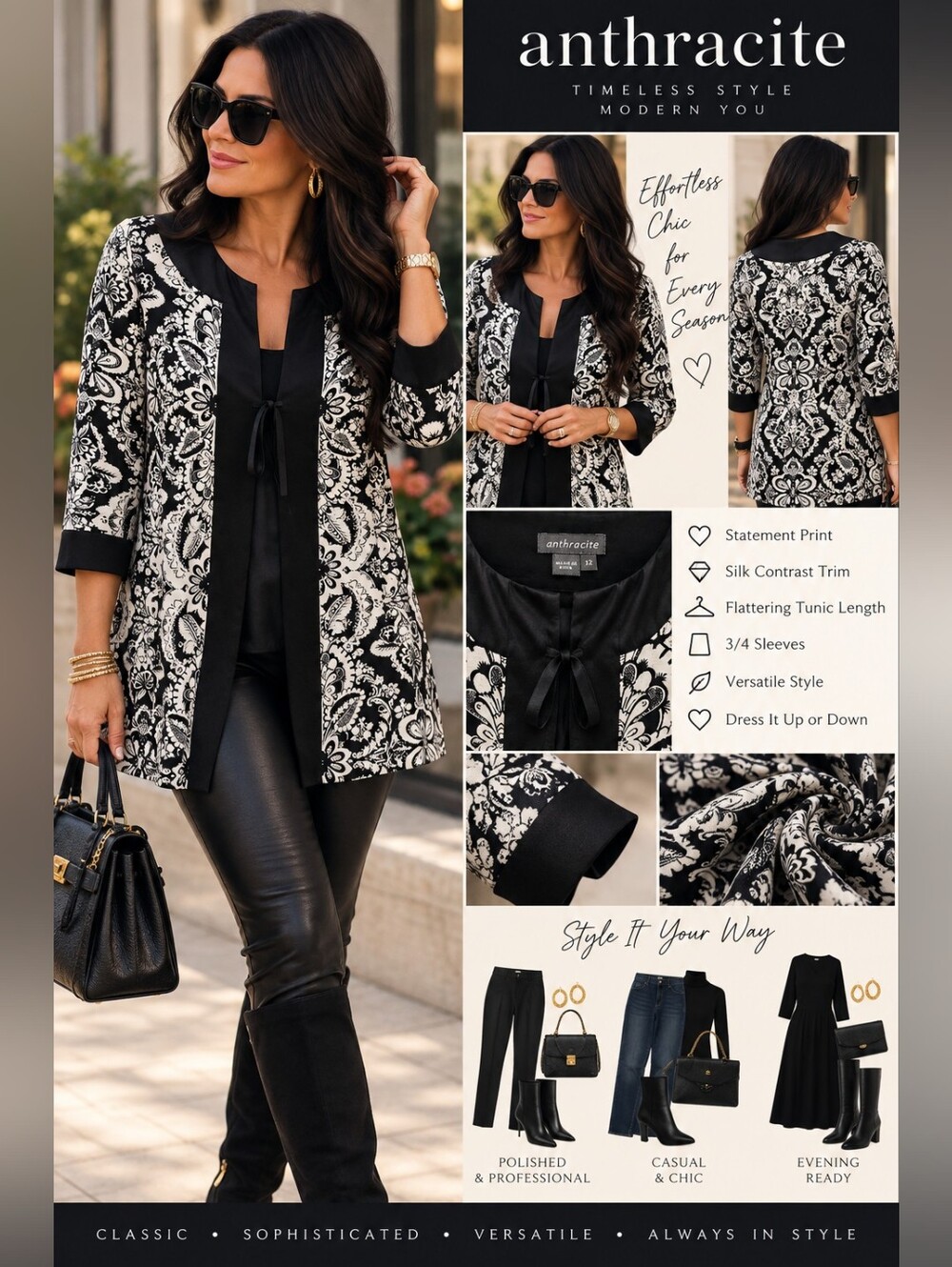 Anthracite Size 12 Black White Damask Silk Trim Tunic Jacket Top